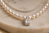 Timeless Double-Strand Ivory Pearl Necklace & Emerald-Cut Halo Stud Earring Set
