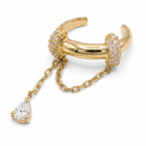 Pave Statement Ear Cuff with Chain Drop in Yellow Gold
