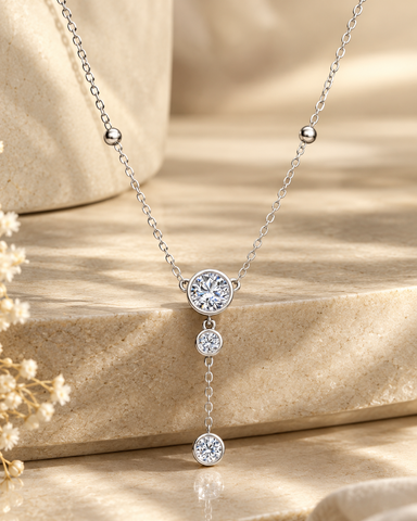 Bezel-Set CZ Y-Drop 925 Silver Station Necklace | Modern Lariat Pendant Necklace