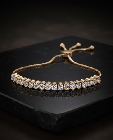 Bezel-Set CZ Gold-Plated 925 Silver Bolo Tennis Bracelet | Adjustable Slider Bracelet