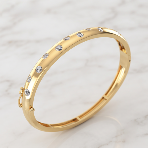 Flush-Set Diamond 925 Silver Gold-Plated Bangle | Bezel CZ Hinged Cuff Bracelet