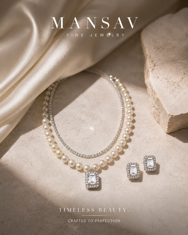 Timeless Double-Strand Ivory Pearl Necklace & Emerald-Cut Halo Stud Earring Set