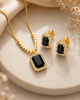 Noir Elegance Emerald-Cut Onyx & Gold Halo Pendant Set