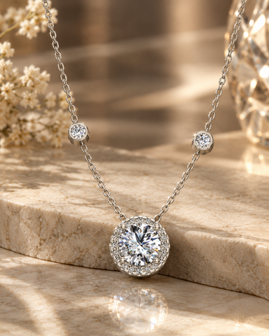 Round Halo Solitaire and Station 925 Silver Pendant Necklace | Pave CZ Diamond Necklace