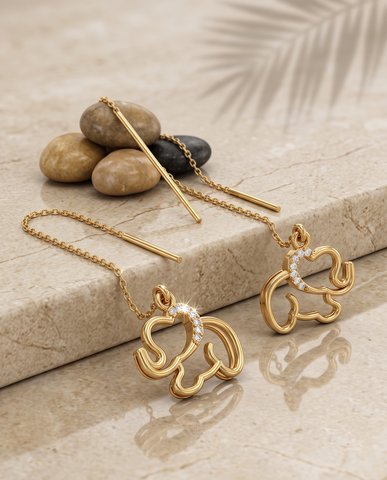 Gold-Plated 925 Silver Elephant Threader Earrings | Pave CZ Dainty Long Chain Earrings