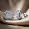 Gold-Plated 925 Silver Double-Halo Cushion Cluster Stud Earrings | Pave CZ Square Diamond Studs