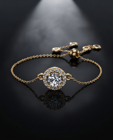 Gold-Plated 925 Silver Halo Solitaire Chain Bracelet | Dainty CZ Diamond Station Bracelet