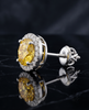 Yellow Sapphire and Pave CZ Halo 925 Silver Stud Earrings | Round Solitaire Gemstone Studs