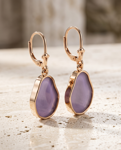 Rose Gold-Plated 925 Silver Purple Chalcedony Leverback Earrings | Organic Gemstone Drop Earrings