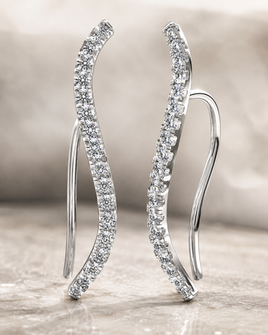 Gold-Plated 925 Silver Curved Ear Climber Earrings | Wavy Pave CZ Crawler Earrings