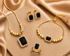 Noir Elegance Emerald-Cut Onyx & Gold Halo Pendant Set