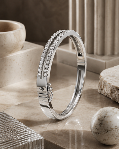 Double Row 925 Sterling Silver Diamond Bangle | Pave-Set CZ Hinged Cuff Bracelet