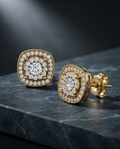 Gold-Plated 925 Silver Double-Halo Cushion Cluster Stud Earrings | Pave CZ Square Diamond Studs