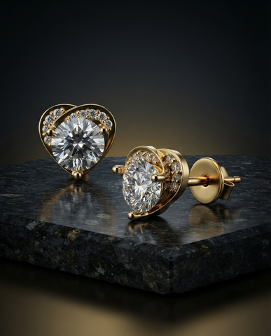 Gold-Plated 925 Silver Heart-Shaped Halo Solitaire Stud Earrings | Pave CZ Diamond Studs