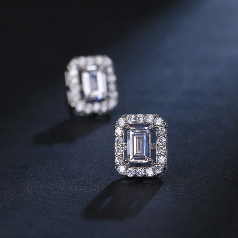 Emerald Cut Diamond Halo Stud Silver Earrings
