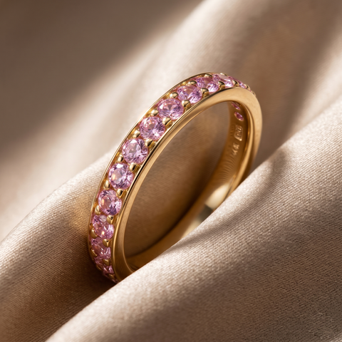 Elegant Pink Stone Stacking Ring – Tri-Color Metal Collection